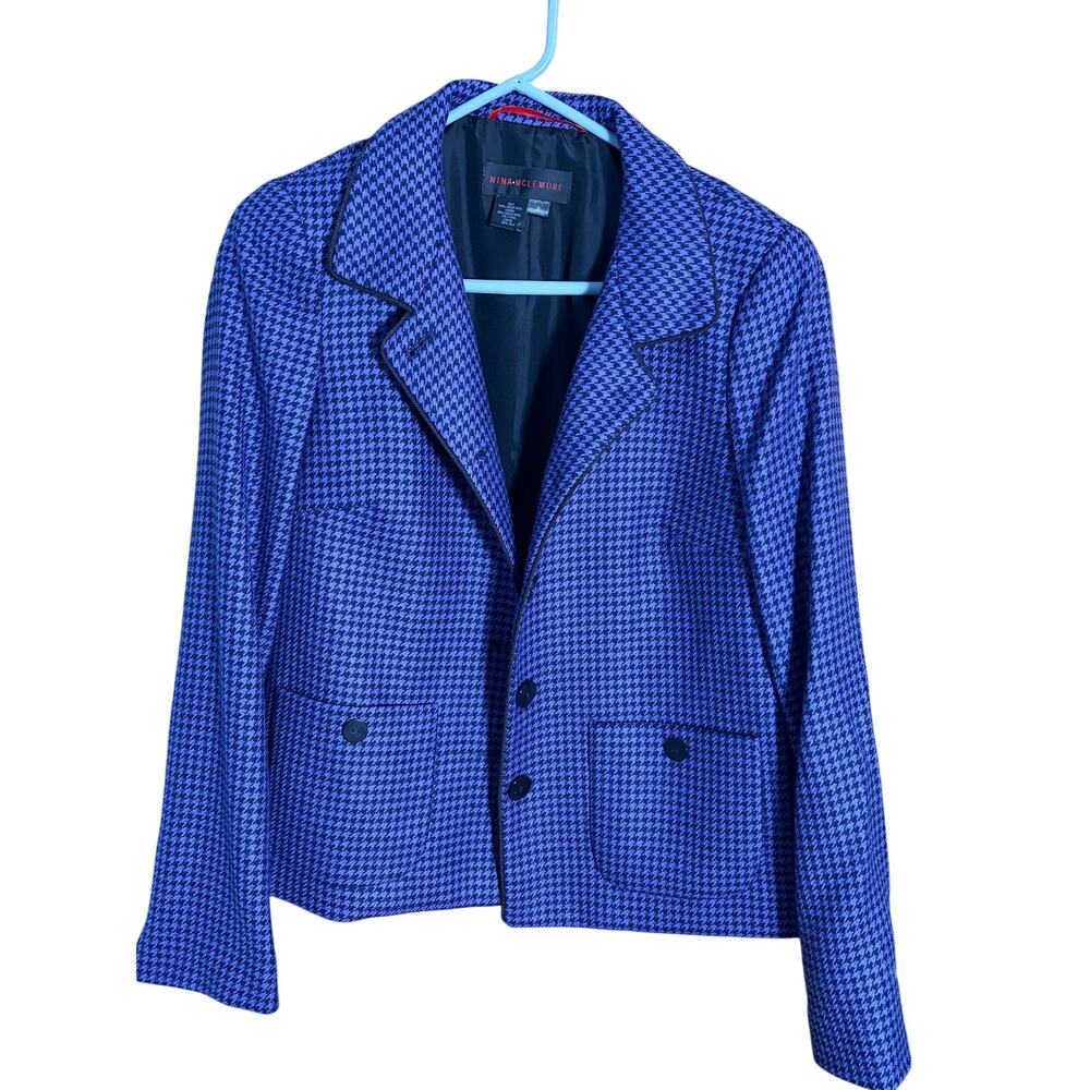 Nina Mclemore Wool Blazer S Purple Black Houndstooth Silk Lined Cropped Jacket‎